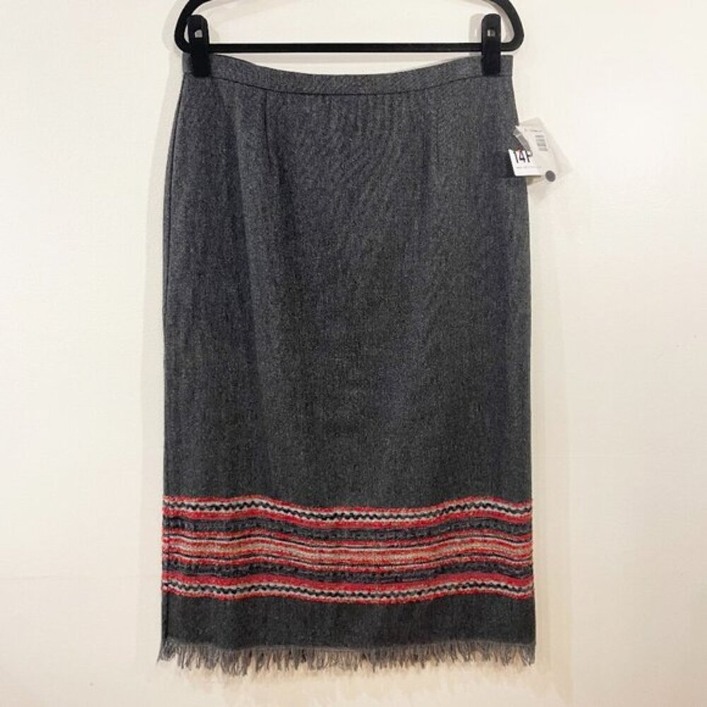 New VTG Wool Blend Tweed Embroidered Fringe Midi Skirt 14P, Large